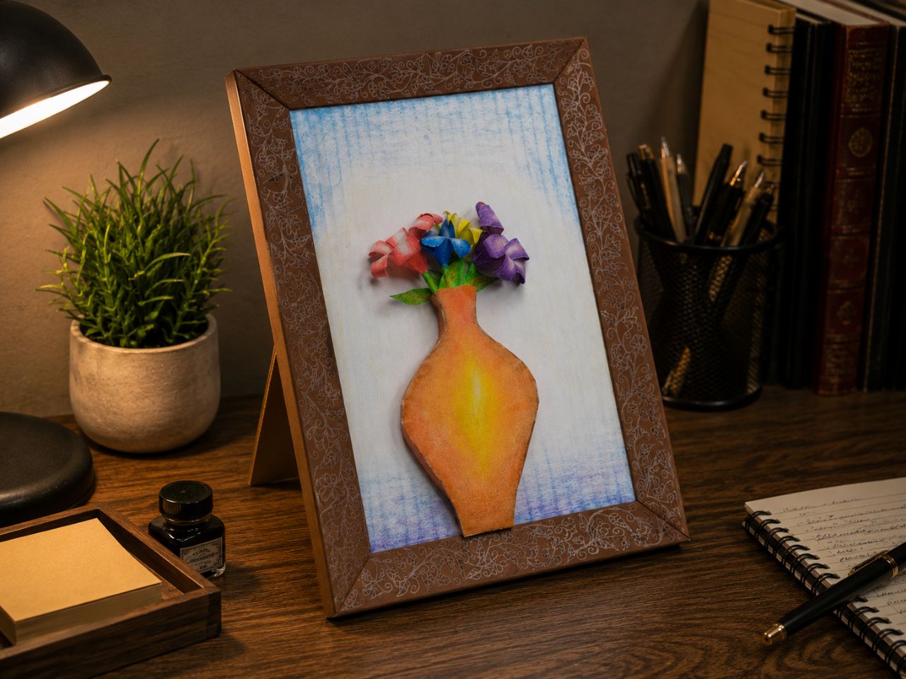 Brown ornate frame with an orange paper vase and small colourful paper flowers, under a desk lamp