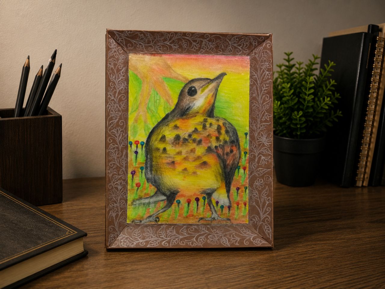 Framed painting of a small yellow-breasted bird looking upward
