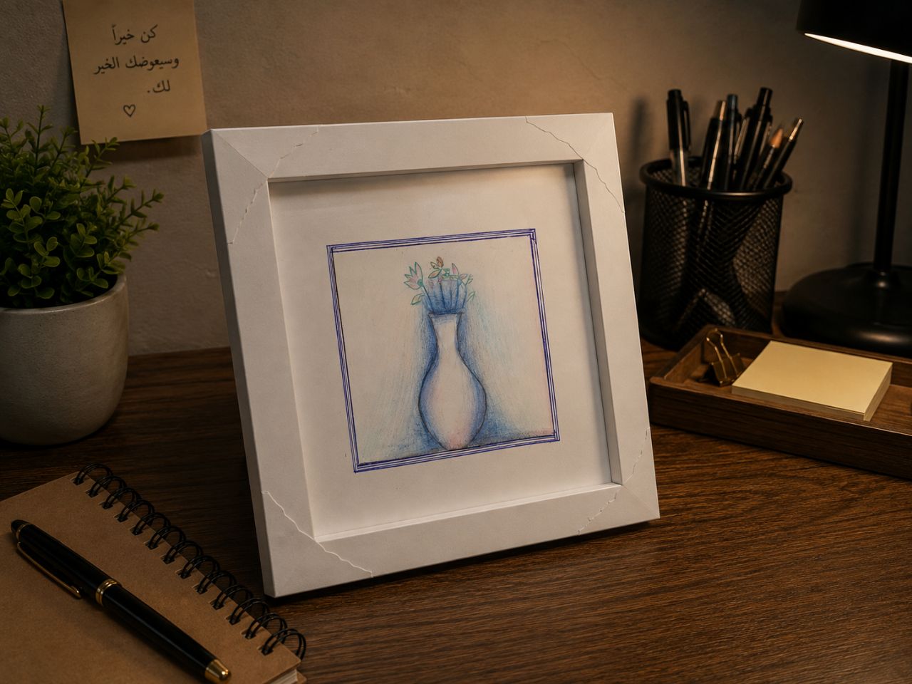 Small white frame with a delicate blue pencil drawing of a vase, on a dark wooden desk